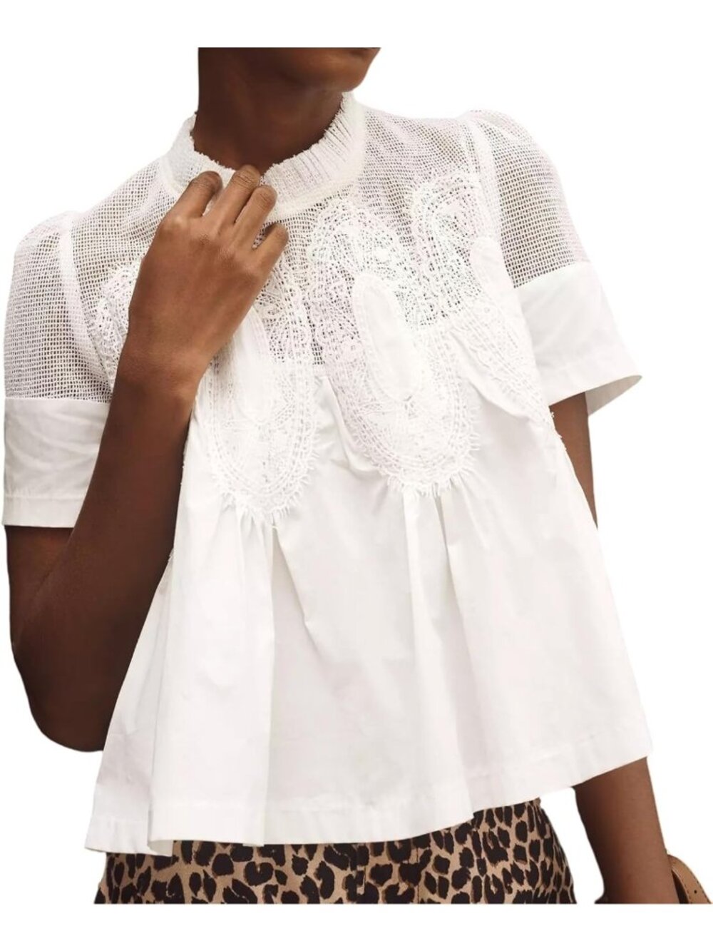 Lace-Detail Flared Blouse - Short Sleeve Crew Neck Mesh Swing Top, Elegant Loose